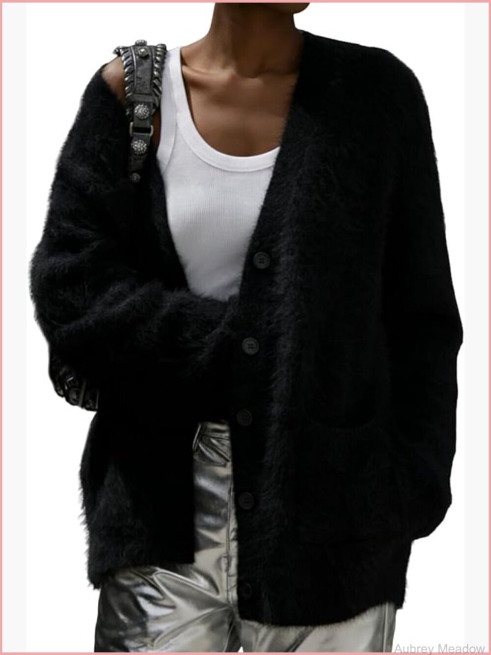 Fuzzy V-Neck Cardigan with Pockets, Long Sleeve Button Down Knit Sweater